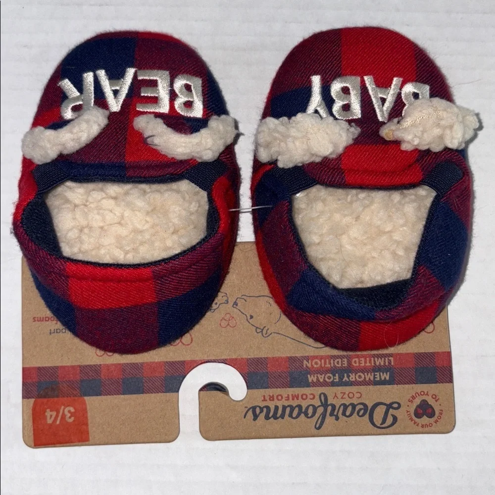 Dearfoams Baby Bear Red Blue Plaid Baby Slippers Memory Foam Size 3/4